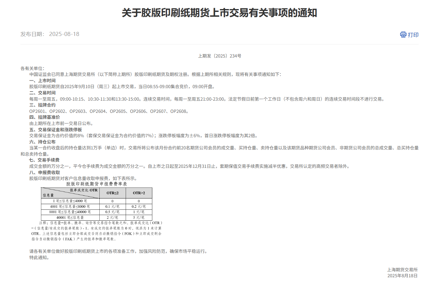 上期所：胶版印刷纸期货自9月10日起上市交易，涨跌停板幅度为±6% - 财闻网