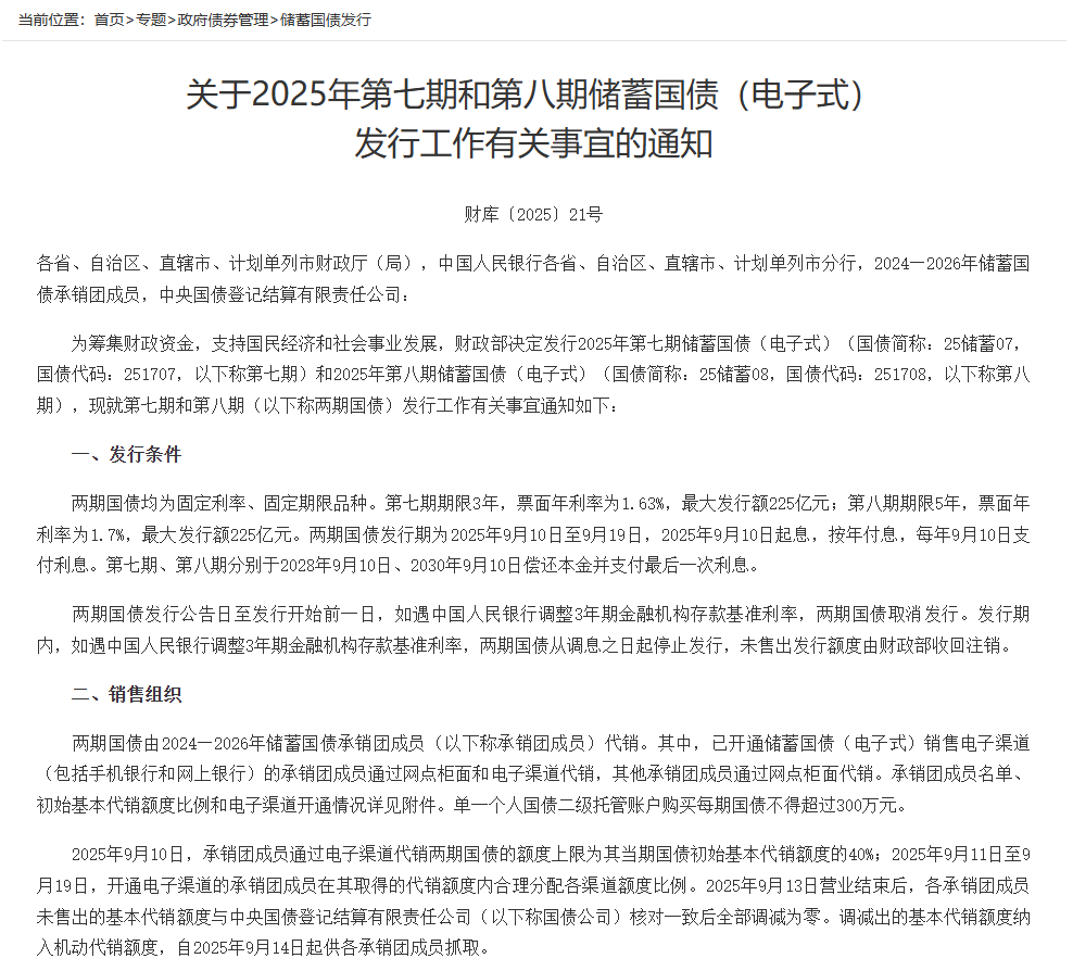 财政部将发两期储蓄国债总额450亿9月10日起发行- 财闻网