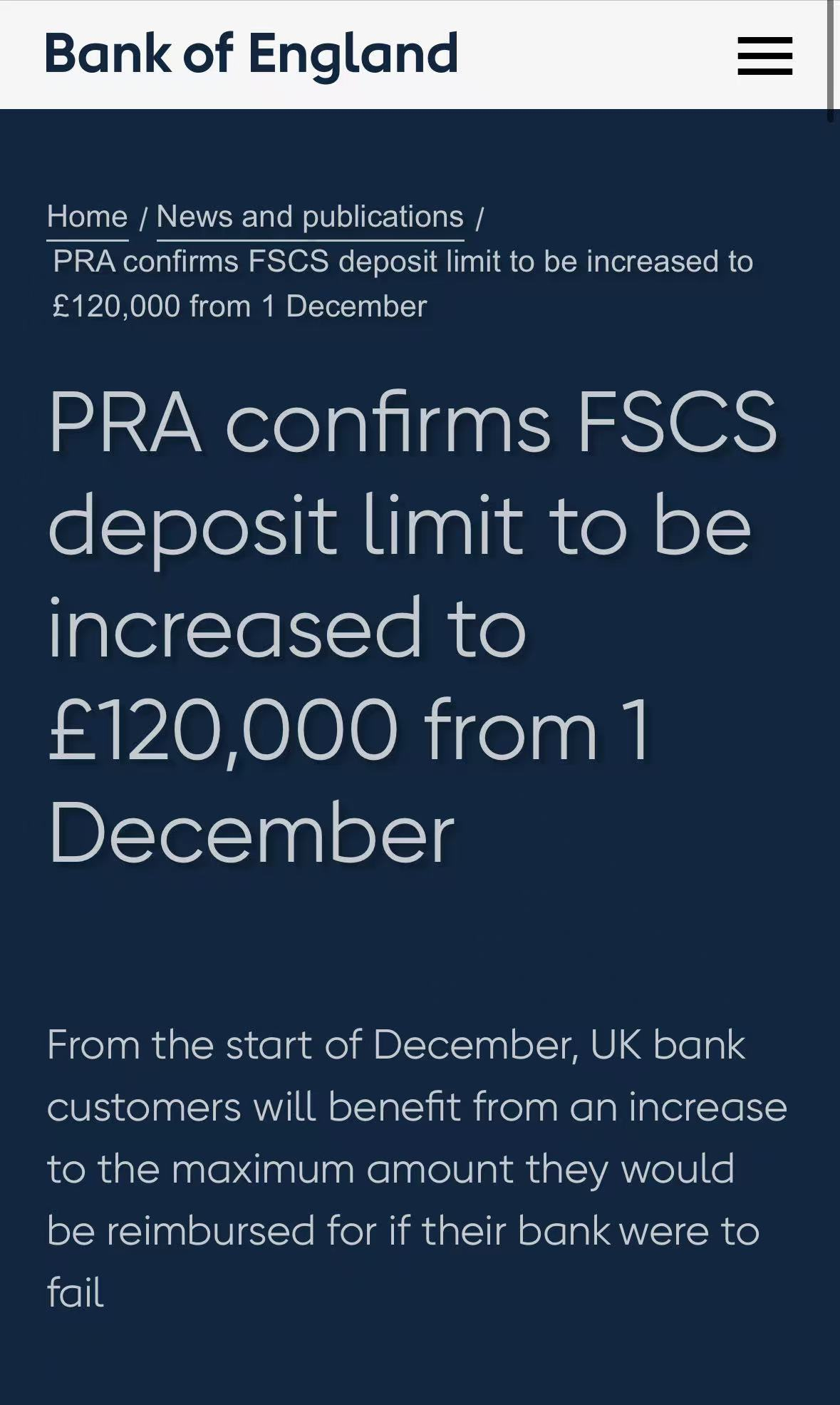 英国央行：12月1日起将储户存款保障上限提高40%至12万英镑- 财闻网